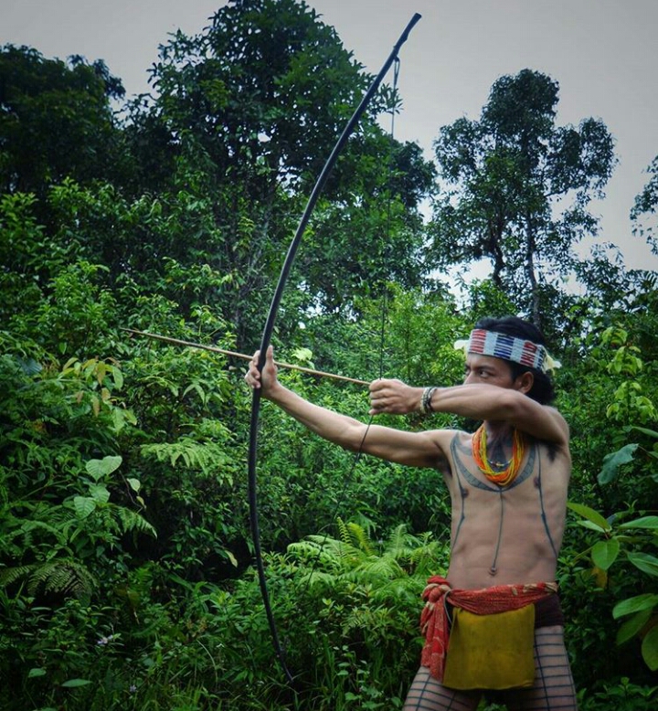 Salah seorang warga Kepulauan Mentawai saat memerankan menggunakan panah beracun. Panah beracun ini akan difestivalkan pekan depan./Dokumenteteri.