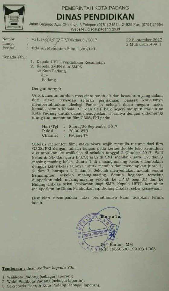 Surat edaran Dinas Pendidikan Kota Padang terkait menonton film G30S/PKI bagi para pelajar.
