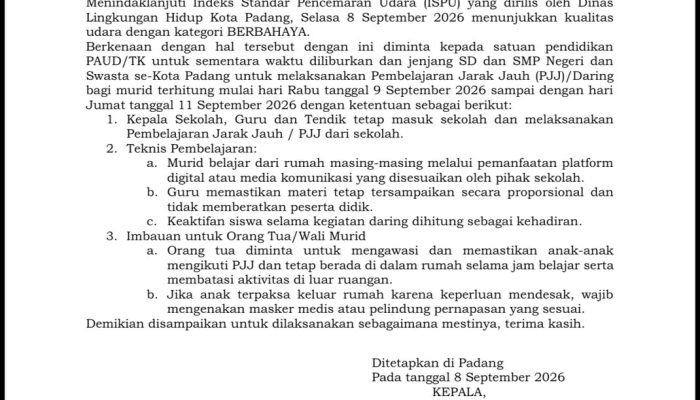 Pemkot Padang Terapkan Belajar Daring Akibat Kabut Asap Berbahaya